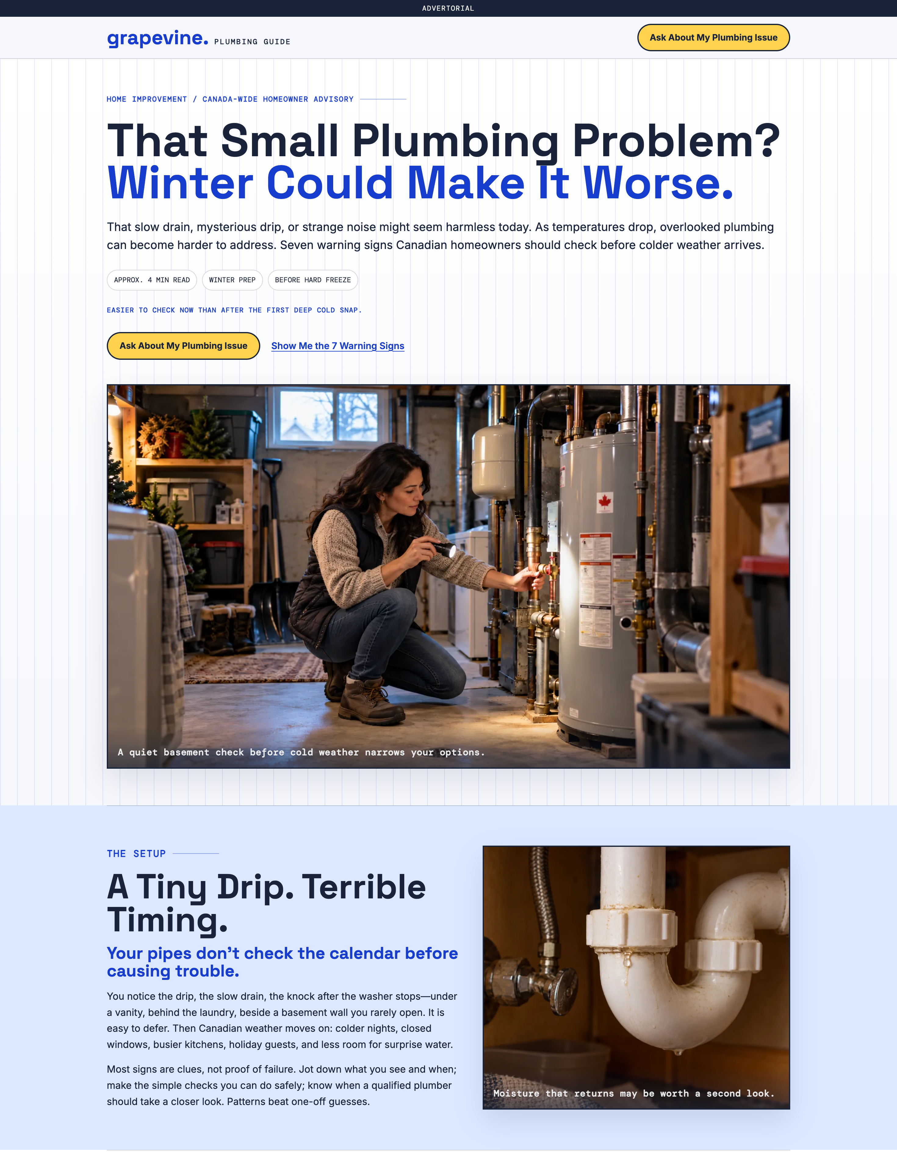 Grapevine heating advertorial with story-led headline and lead generation calls to action
