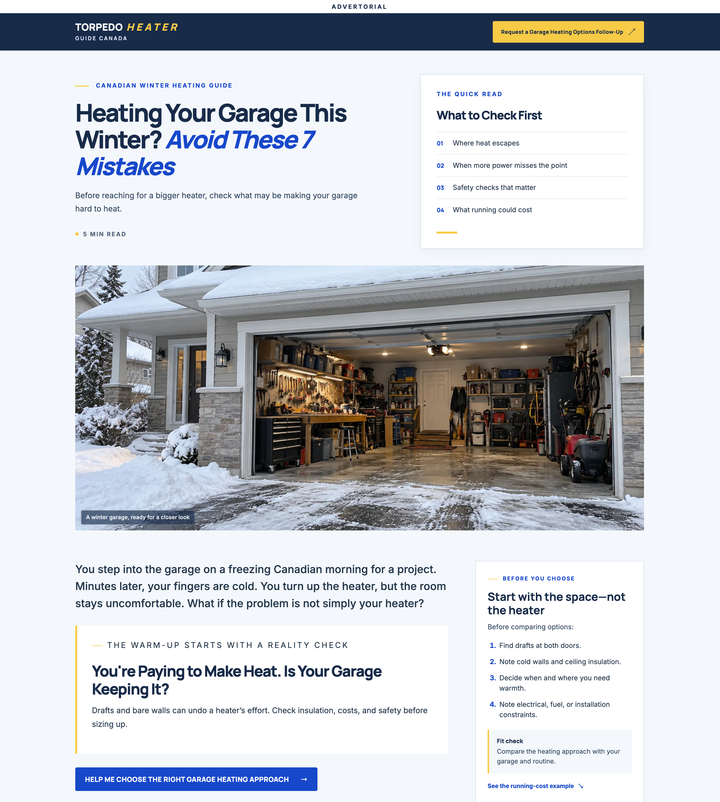Torpedo Heater garage heating advertorial with educational narrative and product selection guide