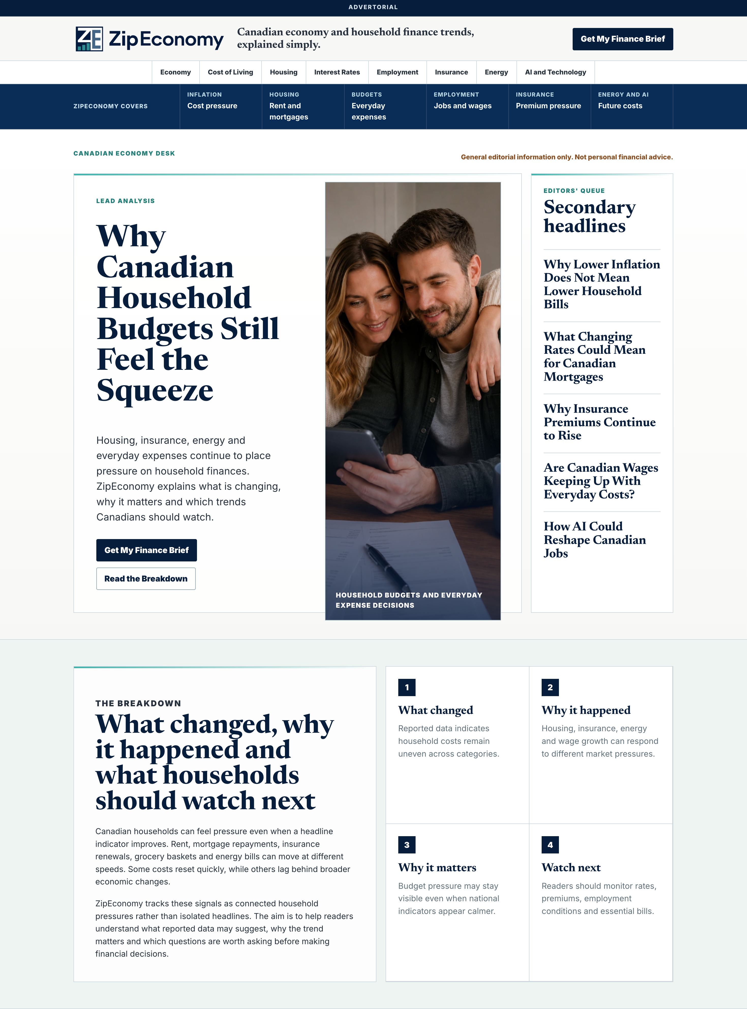 ZipEconomy household budget advertorial with editorial article layout and content recommendation links