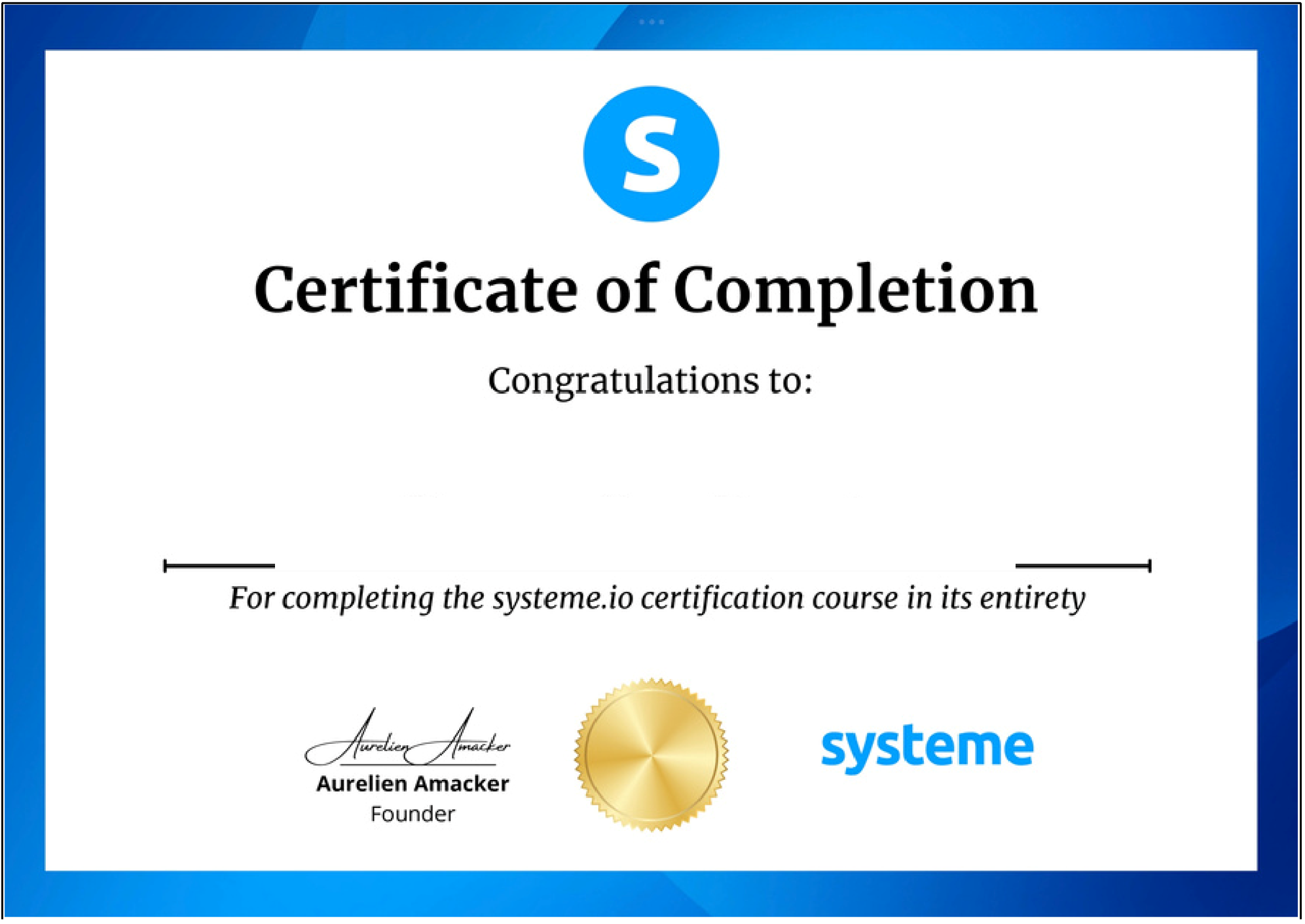 Systeme.io certificate of completion