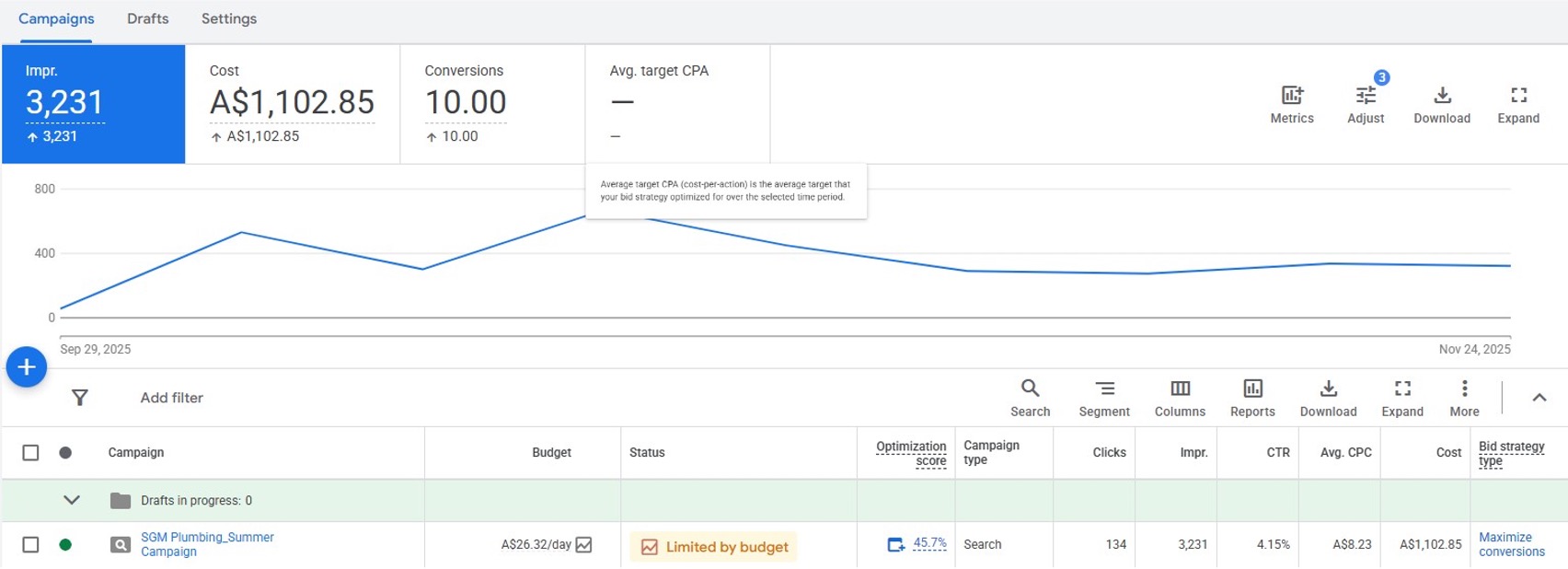 Google Ads campaign dashboard, full screenshot