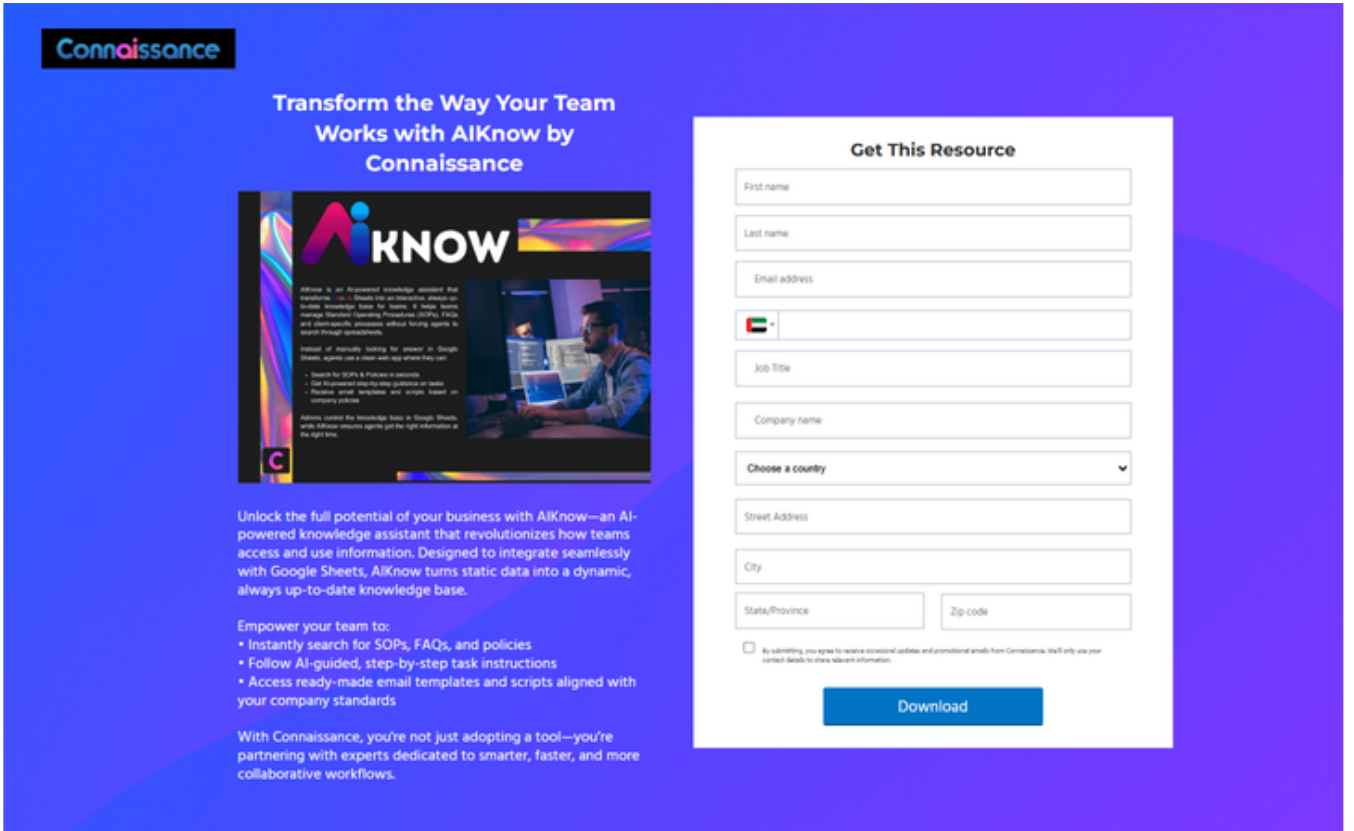 Connaissance AIKnow resource landing page with download form