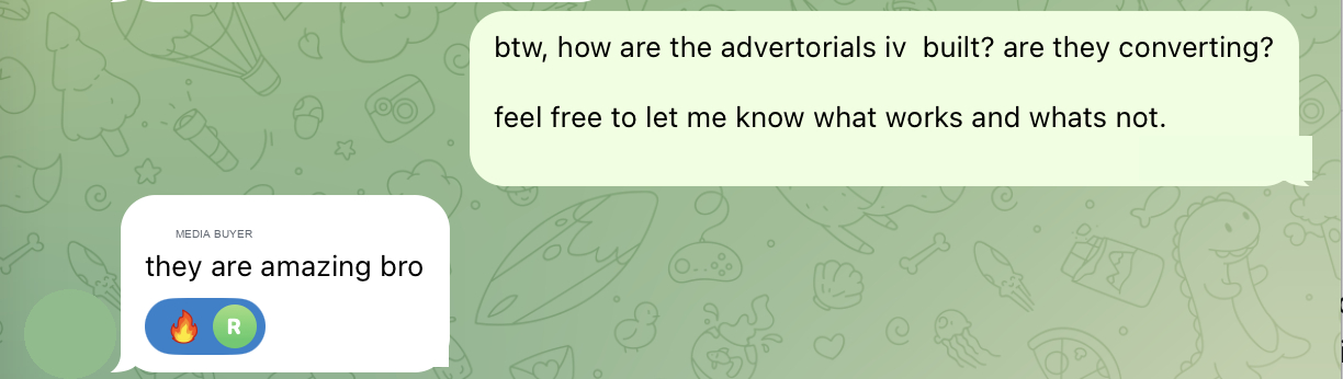Full conversation excerpt asking whether advertorials are converting and showing the media buyer’s positive reply, with identity details redacted