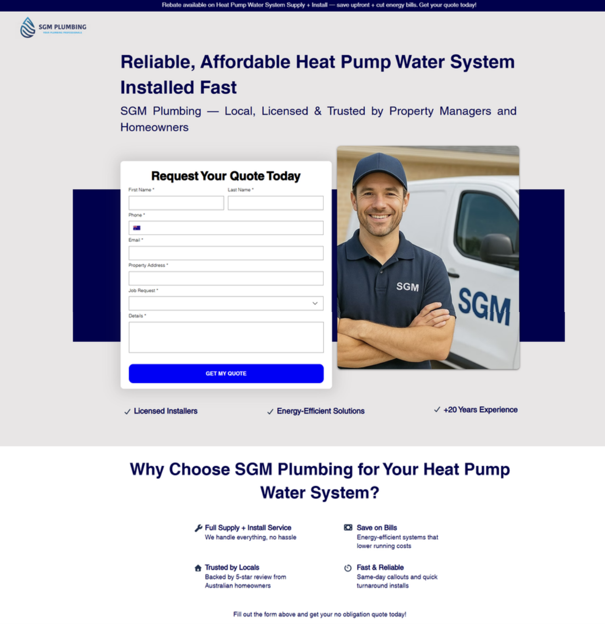 SGM Plumbing heat-pump water system landing page with quote request form