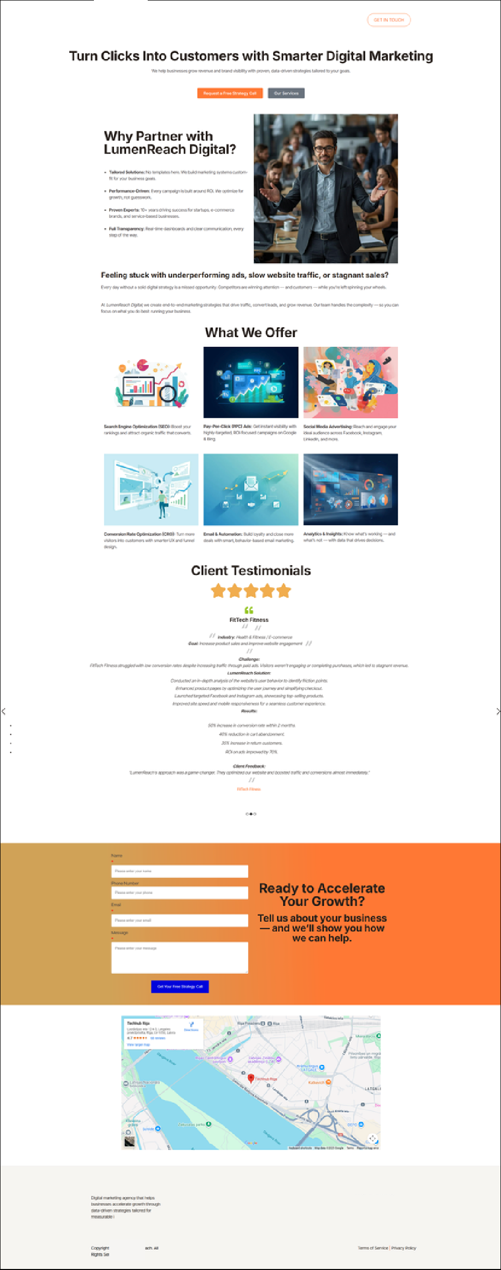 Full-page WordPress website preview with header branding removed