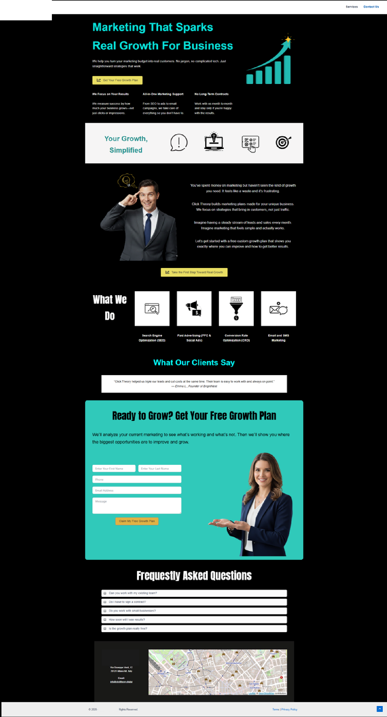 Full-page WordPress website preview with header branding removed